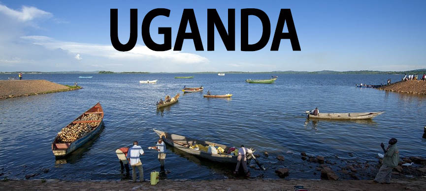 The sea of Uganda with small boat with tourist