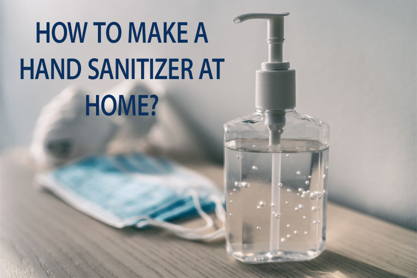 hand sanitizer with blue mask on a wooden table at home