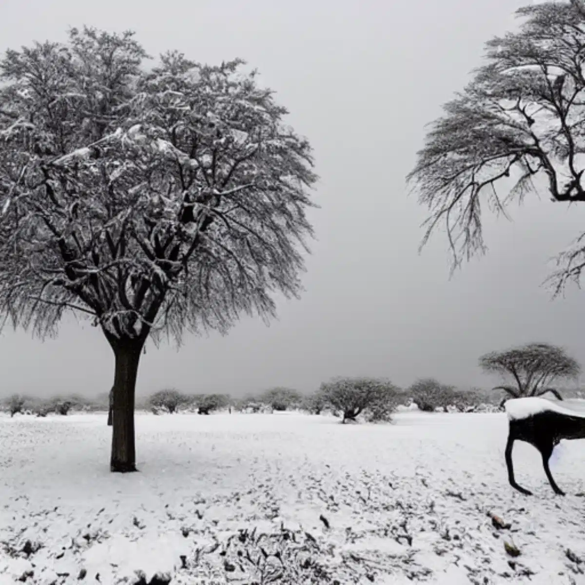 snow in africa all over the lanscape including 2 trees and the animals seems to enjoy it too